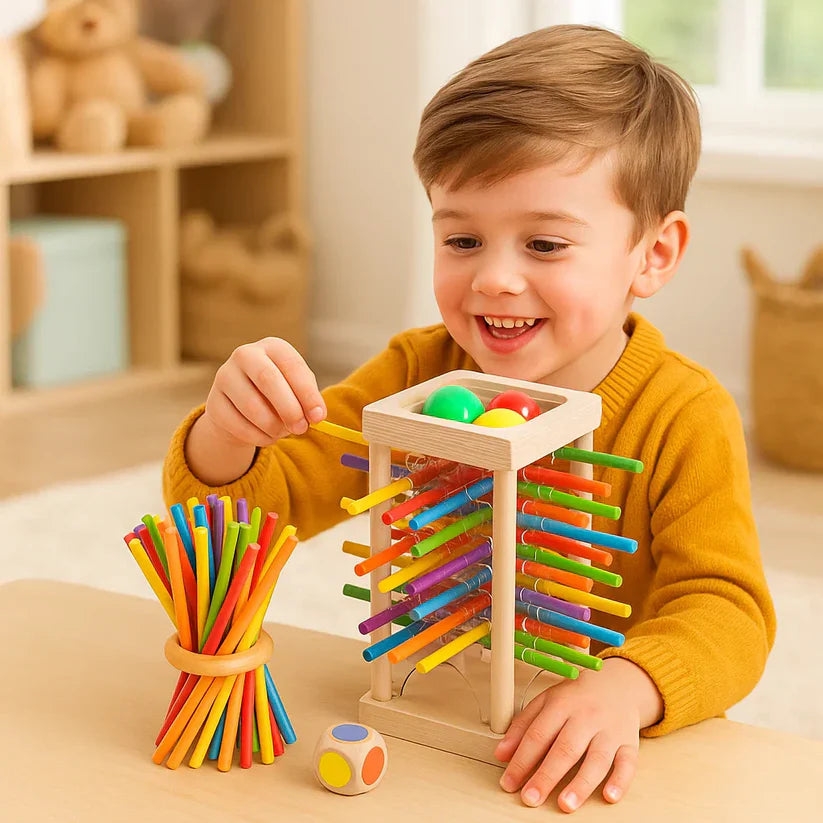 Educatief houten spel met balletjes en stokjes