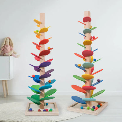 Montessori houten regenboog-knikker­torn